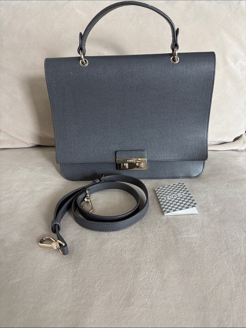 Furla Black Leather Top-Handle Satchel with Gold Hardware removable strap